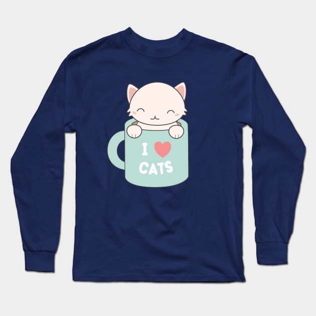Kawaii Cute I love cats t-shirt Long Sleeve T-Shirt by happinessinatee